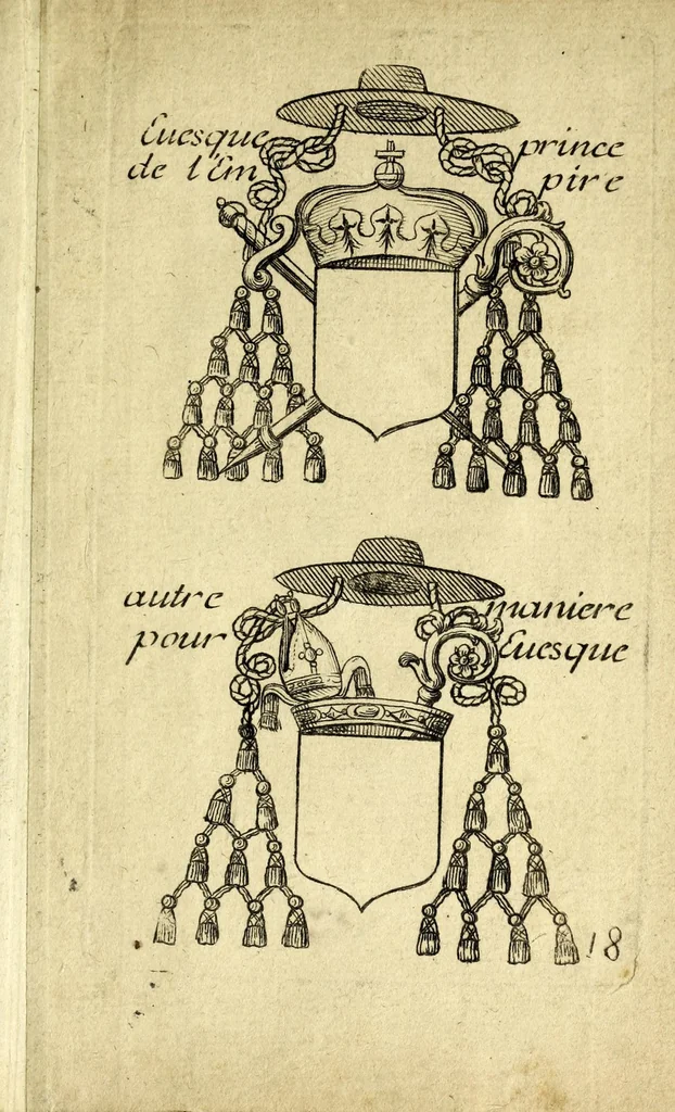 An illustration from Livre du blazon : contenant vne emple explication des metaux et couleurs avec leurs significations, les huict points de l'ecu des differantes couronnes et tenants &c : pour l'vsage des armoiries, leaf 43