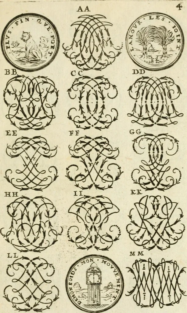 An illustration from Livre nouveau et utile pour toutes sortes d'artistes, et particulierement pour les orfevres, les orlogeurs, les peintres, les graveurs, les brodeurs, &c. : contenant quatre alphabets de chiffres fleuronnez au premier trait avec quantite de devises, d'emblemes et de noeuds d'amour : avec une table exacte pour trouver en général tous les noms et surnoms entrelassez, 1690, leaf 10