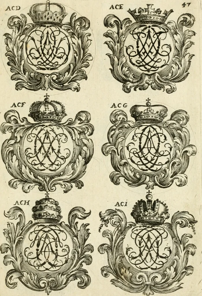 An illustration from Livre nouveau et utile pour toutes sortes d'artistes, et particulierement pour les orfevres, les orlogeurs, les peintres, les graveurs, les brodeurs, &c. : contenant quatre alphabets de chiffres fleuronnez au premier trait avec quantite de devises, d'emblemes et de noeuds d'amour : avec une table exacte pour trouver en général tous les noms et surnoms entrelassez, 1690, leaf 100