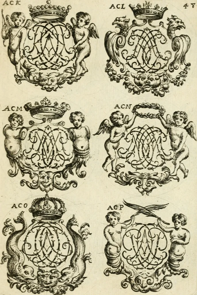 An illustration from Livre nouveau et utile pour toutes sortes d'artistes, et particulierement pour les orfevres, les orlogeurs, les peintres, les graveurs, les brodeurs, &c. : contenant quatre alphabets de chiffres fleuronnez au premier trait avec quantite de devises, d'emblemes et de noeuds d'amour : avec une table exacte pour trouver en général tous les noms et surnoms entrelassez, 1690, leaf 102