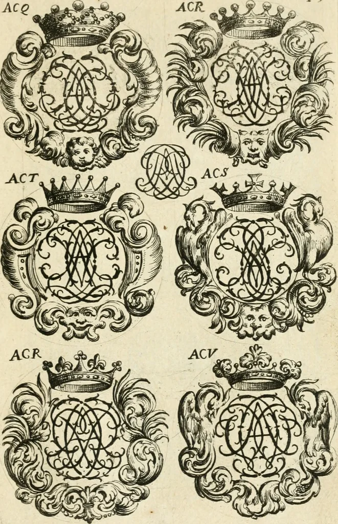 An illustration from Livre nouveau et utile pour toutes sortes d'artistes, et particulierement pour les orfevres, les orlogeurs, les peintres, les graveurs, les brodeurs, &c. : contenant quatre alphabets de chiffres fleuronnez au premier trait avec quantite de devises, d'emblemes et de noeuds d'amour : avec une table exacte pour trouver en général tous les noms et surnoms entrelassez, 1690, leaf 104