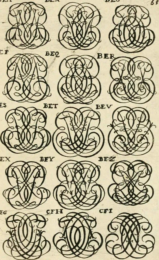 An illustration from Livre nouveau et utile pour toutes sortes d'artistes, et particulierement pour les orfevres, les orlogeurs, les peintres, les graveurs, les brodeurs, &c. : contenant quatre alphabets de chiffres fleuronnez au premier trait avec quantite de devises, d'emblemes et de noeuds d'amour : avec une table exacte pour trouver en général tous les noms et surnoms entrelassez, 1690, leaf 108