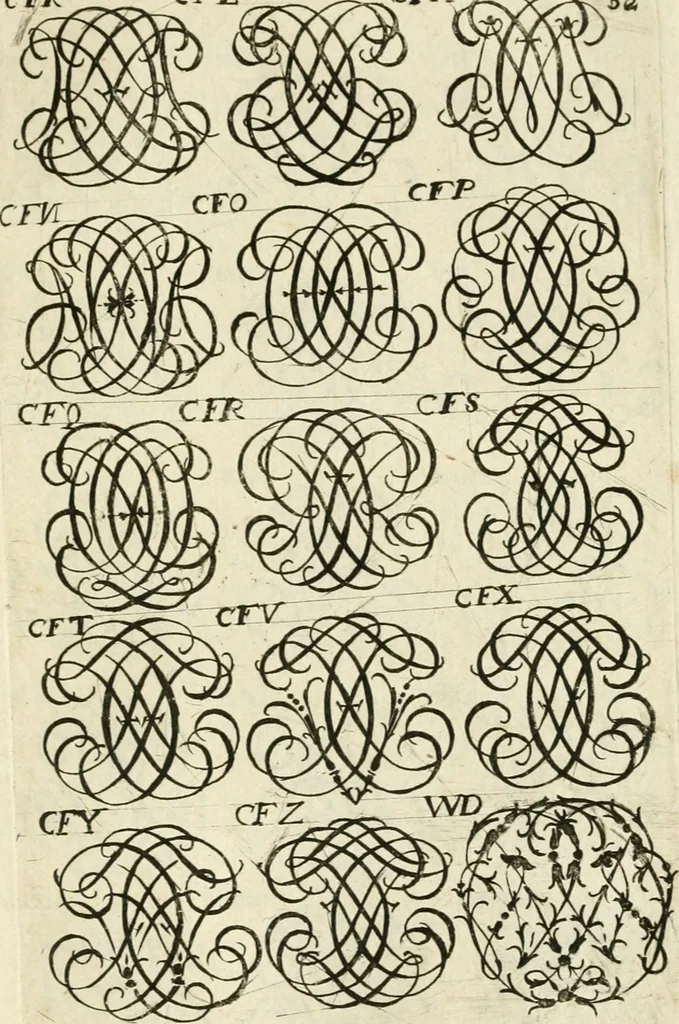 An illustration from Livre nouveau et utile pour toutes sortes d'artistes, et particulierement pour les orfevres, les orlogeurs, les peintres, les graveurs, les brodeurs, &c. : contenant quatre alphabets de chiffres fleuronnez au premier trait avec quantite de devises, d'emblemes et de noeuds d'amour : avec une table exacte pour trouver en général tous les noms et surnoms entrelassez, 1690, leaf 110