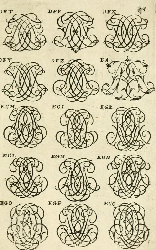 An illustration from Livre nouveau et utile pour toutes sortes d'artistes, et particulierement pour les orfevres, les orlogeurs, les peintres, les graveurs, les brodeurs, &c. : contenant quatre alphabets de chiffres fleuronnez au premier trait avec quantite de devises, d'emblemes et de noeuds d'amour : avec une table exacte pour trouver en général tous les noms et surnoms entrelassez, 1690, leaf 112