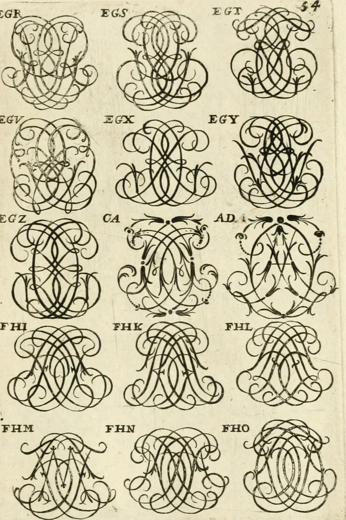 An illustration from Livre nouveau et utile pour toutes sortes d'artistes, et particulierement pour les orfevres, les orlogeurs, les peintres, les graveurs, les brodeurs, &c. : contenant quatre alphabets de chiffres fleuronnez au premier trait avec quantite de devises, d'emblemes et de noeuds d'amour : avec une table exacte pour trouver en général tous les noms et surnoms entrelassez, 1690, leaf 114