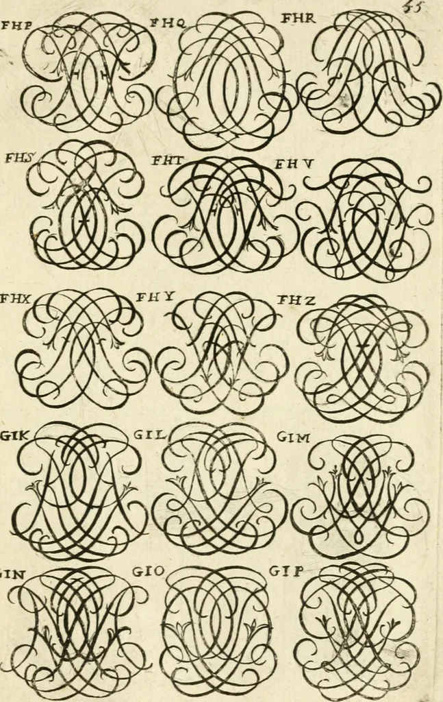 An illustration from Livre nouveau et utile pour toutes sortes d'artistes, et particulierement pour les orfevres, les orlogeurs, les peintres, les graveurs, les brodeurs, &c. : contenant quatre alphabets de chiffres fleuronnez au premier trait avec quantite de devises, d'emblemes et de noeuds d'amour : avec une table exacte pour trouver en général tous les noms et surnoms entrelassez, 1690, leaf 116