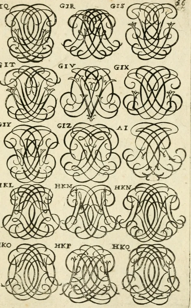 An illustration from Livre nouveau et utile pour toutes sortes d'artistes, et particulierement pour les orfevres, les orlogeurs, les peintres, les graveurs, les brodeurs, &c. : contenant quatre alphabets de chiffres fleuronnez au premier trait avec quantite de devises, d'emblemes et de noeuds d'amour : avec une table exacte pour trouver en général tous les noms et surnoms entrelassez, 1690, leaf 118