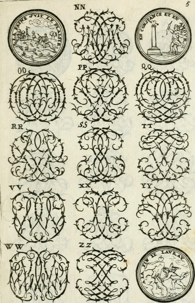 An illustration from Livre nouveau et utile pour toutes sortes d'artistes, et particulierement pour les orfevres, les orlogeurs, les peintres, les graveurs, les brodeurs, &c. : contenant quatre alphabets de chiffres fleuronnez au premier trait avec quantite de devises, d'emblemes et de noeuds d'amour : avec une table exacte pour trouver en général tous les noms et surnoms entrelassez, 1690, leaf 12