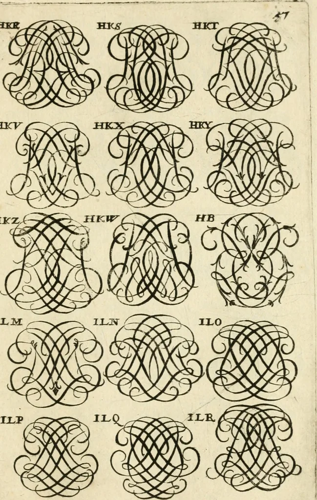 An illustration from Livre nouveau et utile pour toutes sortes d'artistes, et particulierement pour les orfevres, les orlogeurs, les peintres, les graveurs, les brodeurs, &c. : contenant quatre alphabets de chiffres fleuronnez au premier trait avec quantite de devises, d'emblemes et de noeuds d'amour : avec une table exacte pour trouver en général tous les noms et surnoms entrelassez, 1690, leaf 120