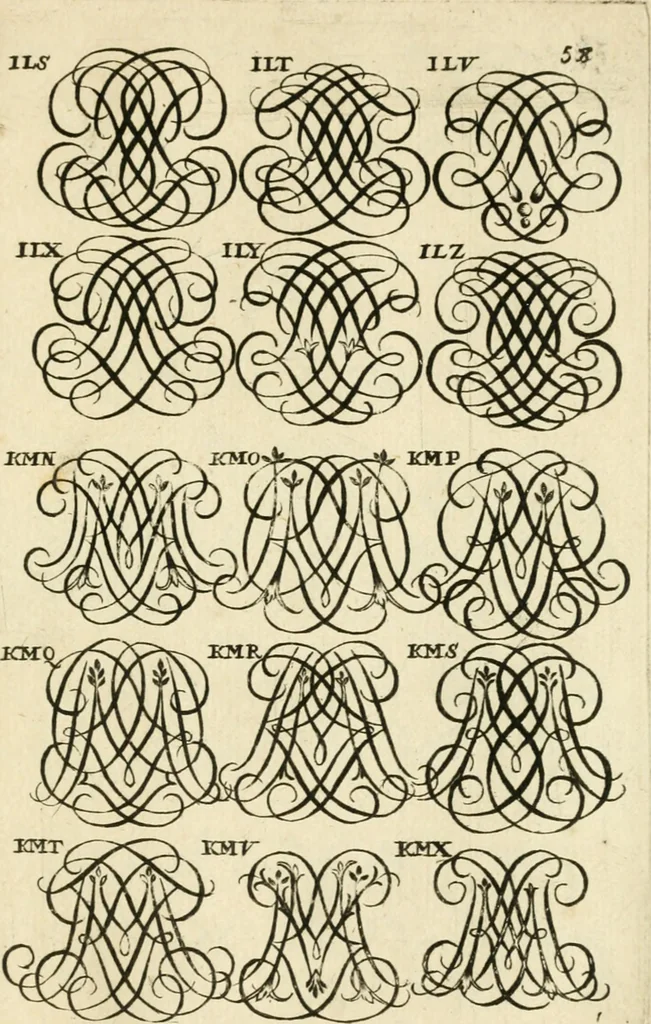 An illustration from Livre nouveau et utile pour toutes sortes d'artistes, et particulierement pour les orfevres, les orlogeurs, les peintres, les graveurs, les brodeurs, &c. : contenant quatre alphabets de chiffres fleuronnez au premier trait avec quantite de devises, d'emblemes et de noeuds d'amour : avec une table exacte pour trouver en général tous les noms et surnoms entrelassez, 1690, leaf 122