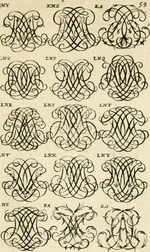 An illustration from Livre nouveau et utile pour toutes sortes d'artistes, et particulierement pour les orfevres, les orlogeurs, les peintres, les graveurs, les brodeurs, &c. : contenant quatre alphabets de chiffres fleuronnez au premier trait avec quantite de devises, d'emblemes et de noeuds d'amour : avec une table exacte pour trouver en général tous les noms et surnoms entrelassez, 1690, leaf 124