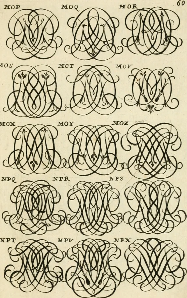 An illustration from Livre nouveau et utile pour toutes sortes d'artistes, et particulierement pour les orfevres, les orlogeurs, les peintres, les graveurs, les brodeurs, &c. : contenant quatre alphabets de chiffres fleuronnez au premier trait avec quantite de devises, d'emblemes et de noeuds d'amour : avec une table exacte pour trouver en général tous les noms et surnoms entrelassez, 1690, leaf 126