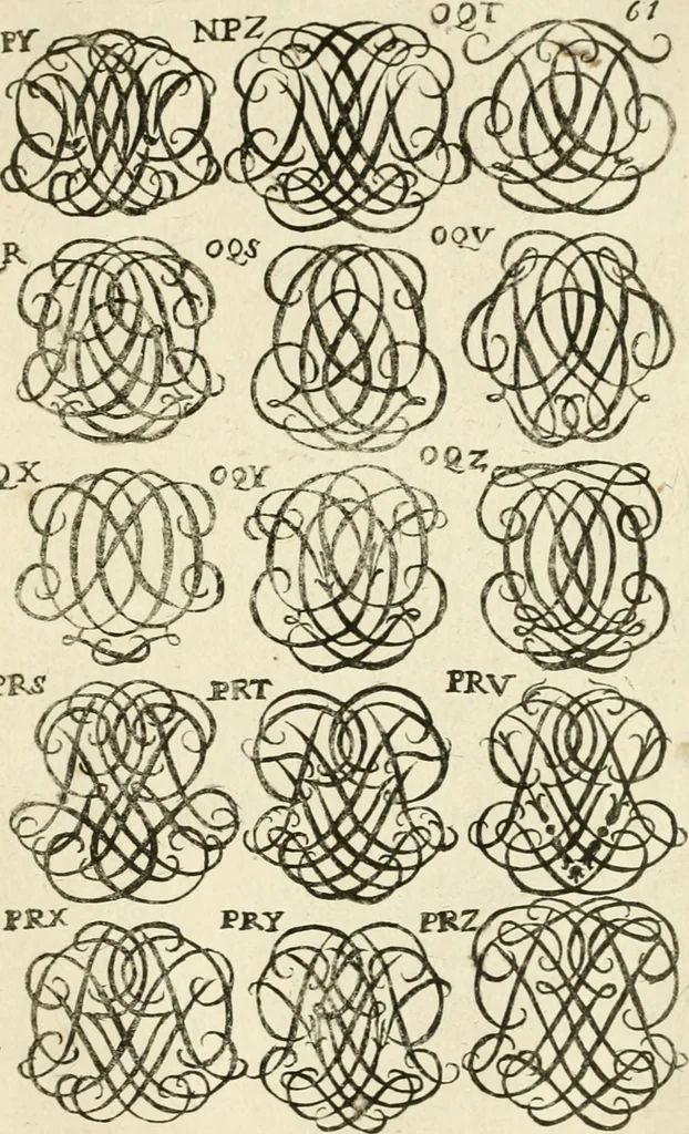 An illustration from Livre nouveau et utile pour toutes sortes d'artistes, et particulierement pour les orfevres, les orlogeurs, les peintres, les graveurs, les brodeurs, &c. : contenant quatre alphabets de chiffres fleuronnez au premier trait avec quantite de devises, d'emblemes et de noeuds d'amour : avec une table exacte pour trouver en général tous les noms et surnoms entrelassez, 1690, leaf 128