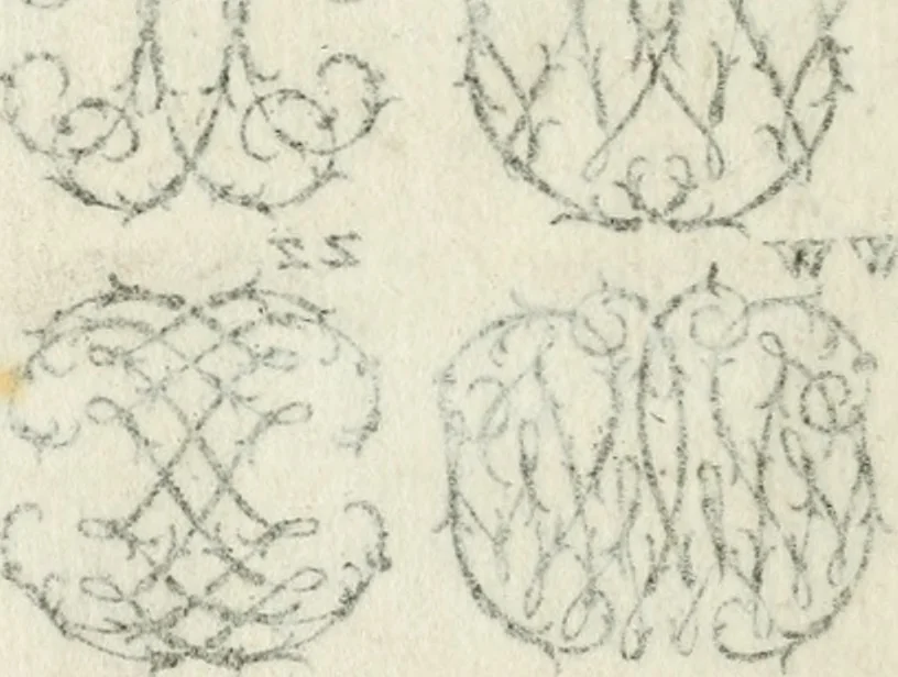 An illustration from Livre nouveau et utile pour toutes sortes d'artistes, et particulierement pour les orfevres, les orlogeurs, les peintres, les graveurs, les brodeurs, &c. : contenant quatre alphabets de chiffres fleuronnez au premier trait avec quantite de devises, d'emblemes et de noeuds d'amour : avec une table exacte pour trouver en général tous les noms et surnoms entrelassez, 1690, leaf 13