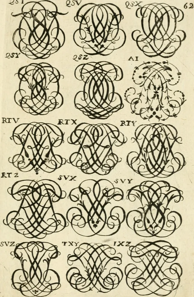 An illustration from Livre nouveau et utile pour toutes sortes d'artistes, et particulierement pour les orfevres, les orlogeurs, les peintres, les graveurs, les brodeurs, &c. : contenant quatre alphabets de chiffres fleuronnez au premier trait avec quantite de devises, d'emblemes et de noeuds d'amour : avec une table exacte pour trouver en général tous les noms et surnoms entrelassez, 1690, leaf 130