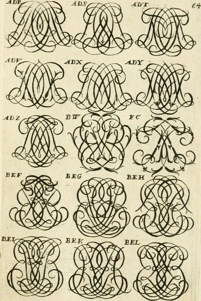 An illustration from Livre nouveau et utile pour toutes sortes d'artistes, et particulierement pour les orfevres, les orlogeurs, les peintres, les graveurs, les brodeurs, &c. : contenant quatre alphabets de chiffres fleuronnez au premier trait avec quantite de devises, d'emblemes et de noeuds d'amour : avec une table exacte pour trouver en général tous les noms et surnoms entrelassez, 1690, leaf 134