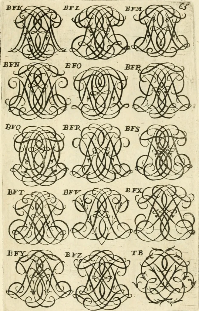 An illustration from Livre nouveau et utile pour toutes sortes d'artistes, et particulierement pour les orfevres, les orlogeurs, les peintres, les graveurs, les brodeurs, &c. : contenant quatre alphabets de chiffres fleuronnez au premier trait avec quantite de devises, d'emblemes et de noeuds d'amour : avec une table exacte pour trouver en général tous les noms et surnoms entrelassez, 1690, leaf 136