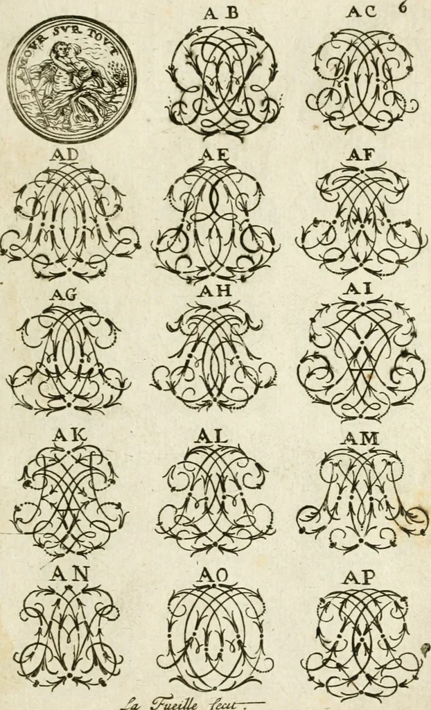 An illustration from Livre nouveau et utile pour toutes sortes d'artistes, et particulierement pour les orfevres, les orlogeurs, les peintres, les graveurs, les brodeurs, &c. : contenant quatre alphabets de chiffres fleuronnez au premier trait avec quantite de devises, d'emblemes et de noeuds d'amour : avec une table exacte pour trouver en général tous les noms et surnoms entrelassez, 1690, leaf 14