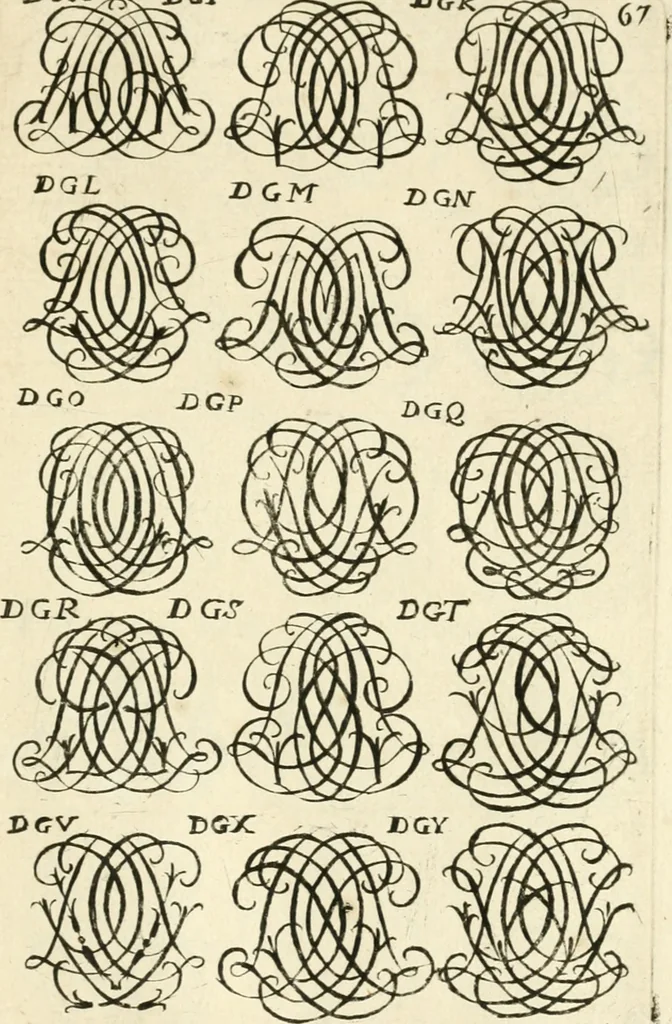 An illustration from Livre nouveau et utile pour toutes sortes d'artistes, et particulierement pour les orfevres, les orlogeurs, les peintres, les graveurs, les brodeurs, &c. : contenant quatre alphabets de chiffres fleuronnez au premier trait avec quantite de devises, d'emblemes et de noeuds d'amour : avec une table exacte pour trouver en général tous les noms et surnoms entrelassez, 1690, leaf 140