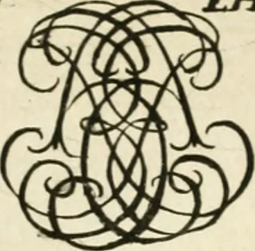 An illustration from Livre nouveau et utile pour toutes sortes d'artistes, et particulierement pour les orfevres, les orlogeurs, les peintres, les graveurs, les brodeurs, &c. : contenant quatre alphabets de chiffres fleuronnez au premier trait avec quantite de devises, d'emblemes et de noeuds d'amour : avec une table exacte pour trouver en général tous les noms et surnoms entrelassez, 1690, leaf 142