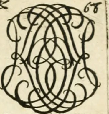 An illustration from Livre nouveau et utile pour toutes sortes d'artistes, et particulierement pour les orfevres, les orlogeurs, les peintres, les graveurs, les brodeurs, &c. : contenant quatre alphabets de chiffres fleuronnez au premier trait avec quantite de devises, d'emblemes et de noeuds d'amour : avec une table exacte pour trouver en général tous les noms et surnoms entrelassez, 1690, leaf 142