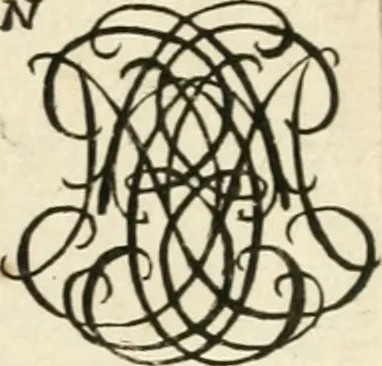 An illustration from Livre nouveau et utile pour toutes sortes d'artistes, et particulierement pour les orfevres, les orlogeurs, les peintres, les graveurs, les brodeurs, &c. : contenant quatre alphabets de chiffres fleuronnez au premier trait avec quantite de devises, d'emblemes et de noeuds d'amour : avec une table exacte pour trouver en général tous les noms et surnoms entrelassez, 1690, leaf 142