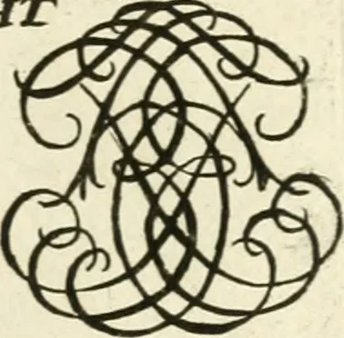 An illustration from Livre nouveau et utile pour toutes sortes d'artistes, et particulierement pour les orfevres, les orlogeurs, les peintres, les graveurs, les brodeurs, &c. : contenant quatre alphabets de chiffres fleuronnez au premier trait avec quantite de devises, d'emblemes et de noeuds d'amour : avec une table exacte pour trouver en général tous les noms et surnoms entrelassez, 1690, leaf 142