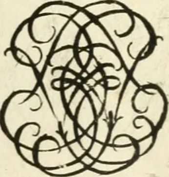 An illustration from Livre nouveau et utile pour toutes sortes d'artistes, et particulierement pour les orfevres, les orlogeurs, les peintres, les graveurs, les brodeurs, &c. : contenant quatre alphabets de chiffres fleuronnez au premier trait avec quantite de devises, d'emblemes et de noeuds d'amour : avec une table exacte pour trouver en général tous les noms et surnoms entrelassez, 1690, leaf 142