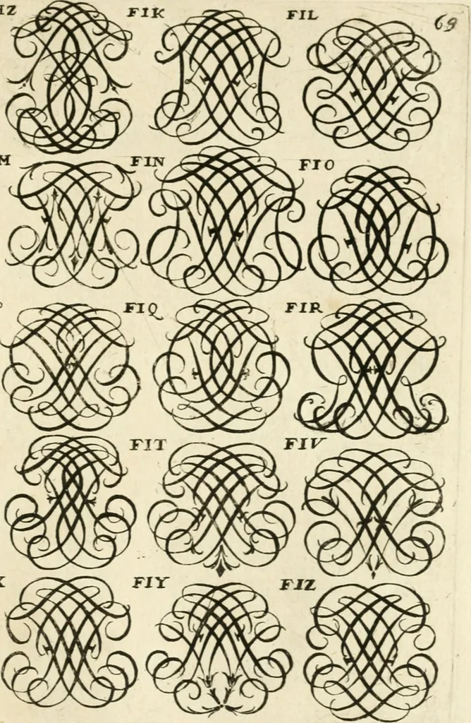 An illustration from Livre nouveau et utile pour toutes sortes d'artistes, et particulierement pour les orfevres, les orlogeurs, les peintres, les graveurs, les brodeurs, &c. : contenant quatre alphabets de chiffres fleuronnez au premier trait avec quantite de devises, d'emblemes et de noeuds d'amour : avec une table exacte pour trouver en général tous les noms et surnoms entrelassez, 1690, leaf 144
