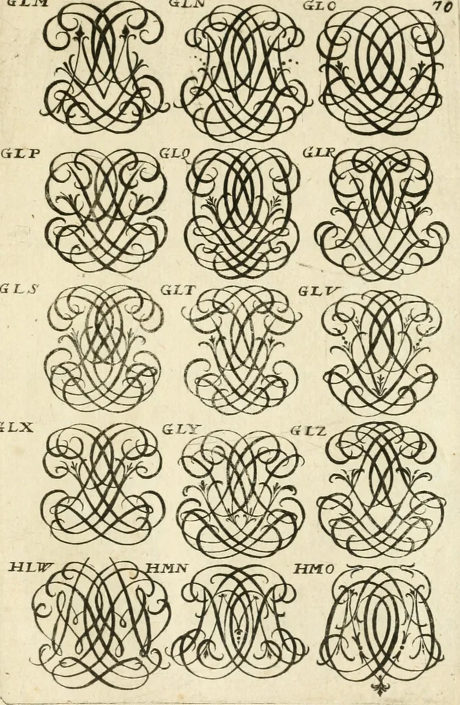 An illustration from Livre nouveau et utile pour toutes sortes d'artistes, et particulierement pour les orfevres, les orlogeurs, les peintres, les graveurs, les brodeurs, &c. : contenant quatre alphabets de chiffres fleuronnez au premier trait avec quantite de devises, d'emblemes et de noeuds d'amour : avec une table exacte pour trouver en général tous les noms et surnoms entrelassez, 1690, leaf 146