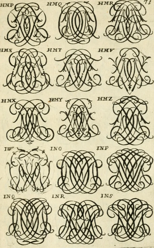 An illustration from Livre nouveau et utile pour toutes sortes d'artistes, et particulierement pour les orfevres, les orlogeurs, les peintres, les graveurs, les brodeurs, &c. : contenant quatre alphabets de chiffres fleuronnez au premier trait avec quantite de devises, d'emblemes et de noeuds d'amour : avec une table exacte pour trouver en général tous les noms et surnoms entrelassez, 1690, leaf 148