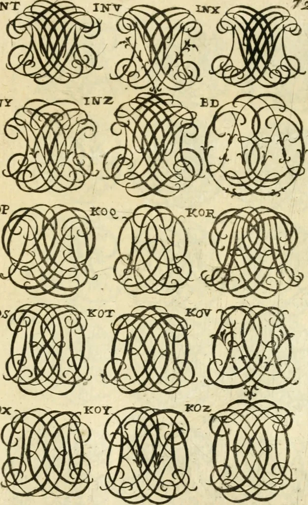 An illustration from Livre nouveau et utile pour toutes sortes d'artistes, et particulierement pour les orfevres, les orlogeurs, les peintres, les graveurs, les brodeurs, &c. : contenant quatre alphabets de chiffres fleuronnez au premier trait avec quantite de devises, d'emblemes et de noeuds d'amour : avec une table exacte pour trouver en général tous les noms et surnoms entrelassez, 1690, leaf 150