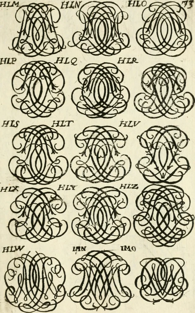 An illustration from Livre nouveau et utile pour toutes sortes d'artistes, et particulierement pour les orfevres, les orlogeurs, les peintres, les graveurs, les brodeurs, &c. : contenant quatre alphabets de chiffres fleuronnez au premier trait avec quantite de devises, d'emblemes et de noeuds d'amour : avec une table exacte pour trouver en général tous les noms et surnoms entrelassez, 1690, leaf 152