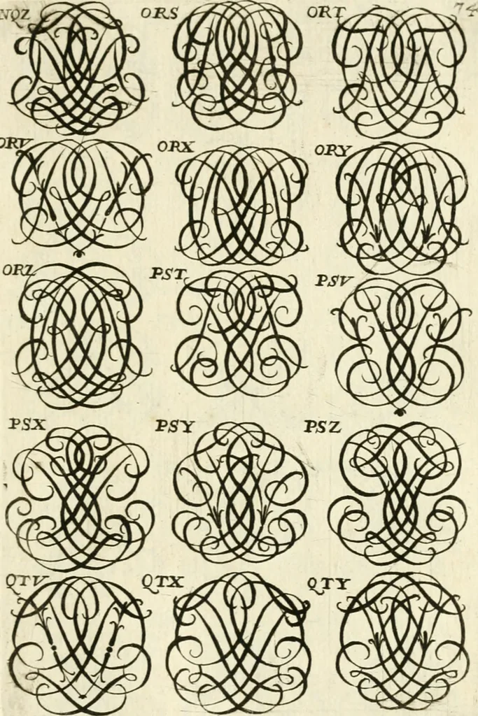 An illustration from Livre nouveau et utile pour toutes sortes d'artistes, et particulierement pour les orfevres, les orlogeurs, les peintres, les graveurs, les brodeurs, &c. : contenant quatre alphabets de chiffres fleuronnez au premier trait avec quantite de devises, d'emblemes et de noeuds d'amour : avec une table exacte pour trouver en général tous les noms et surnoms entrelassez, 1690, leaf 154