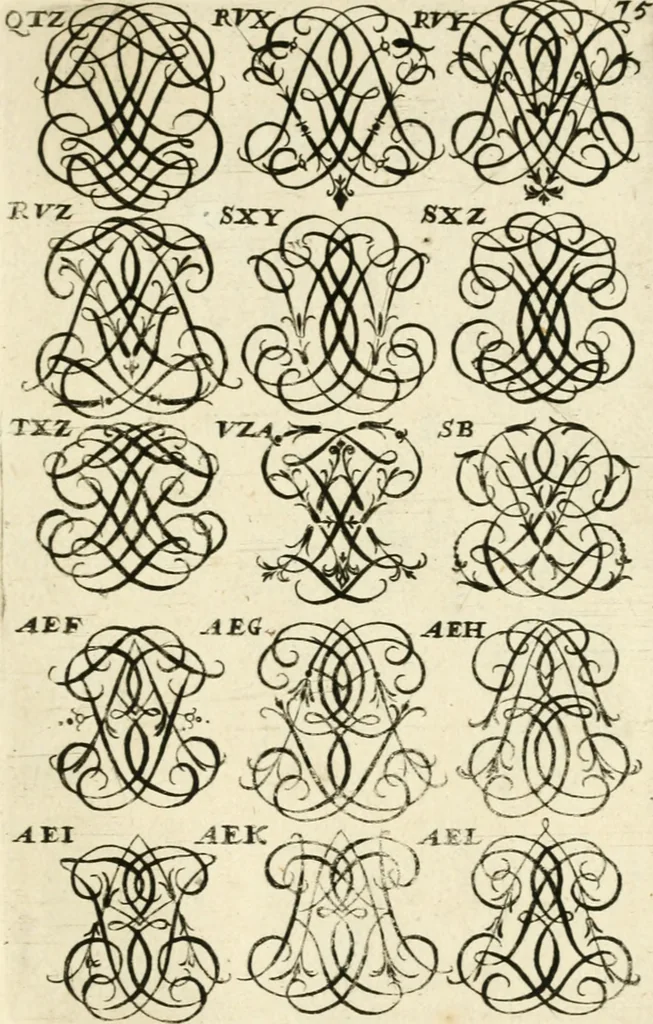 An illustration from Livre nouveau et utile pour toutes sortes d'artistes, et particulierement pour les orfevres, les orlogeurs, les peintres, les graveurs, les brodeurs, &c. : contenant quatre alphabets de chiffres fleuronnez au premier trait avec quantite de devises, d'emblemes et de noeuds d'amour : avec une table exacte pour trouver en général tous les noms et surnoms entrelassez, 1690, leaf 156