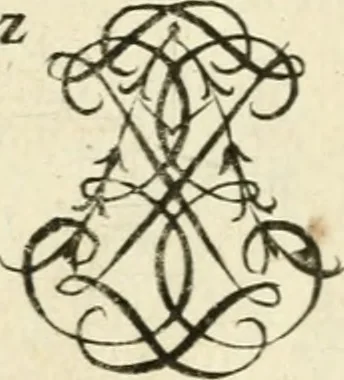 An illustration from Livre nouveau et utile pour toutes sortes d'artistes, et particulierement pour les orfevres, les orlogeurs, les peintres, les graveurs, les brodeurs, &c. : contenant quatre alphabets de chiffres fleuronnez au premier trait avec quantite de devises, d'emblemes et de noeuds d'amour : avec une table exacte pour trouver en général tous les noms et surnoms entrelassez, 1690, leaf 158