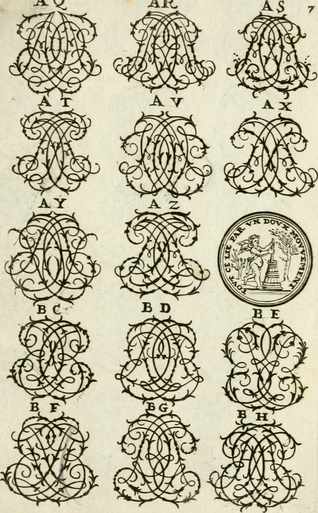 An illustration from Livre nouveau et utile pour toutes sortes d'artistes, et particulierement pour les orfevres, les orlogeurs, les peintres, les graveurs, les brodeurs, &c. : contenant quatre alphabets de chiffres fleuronnez au premier trait avec quantite de devises, d'emblemes et de noeuds d'amour : avec une table exacte pour trouver en général tous les noms et surnoms entrelassez, 1690, leaf 16