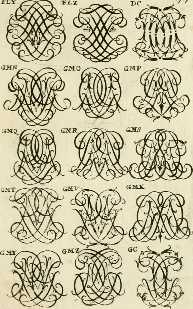An illustration from Livre nouveau et utile pour toutes sortes d'artistes, et particulierement pour les orfevres, les orlogeurs, les peintres, les graveurs, les brodeurs, &c. : contenant quatre alphabets de chiffres fleuronnez au premier trait avec quantite de devises, d'emblemes et de noeuds d'amour : avec une table exacte pour trouver en général tous les noms et surnoms entrelassez, 1690, leaf 160