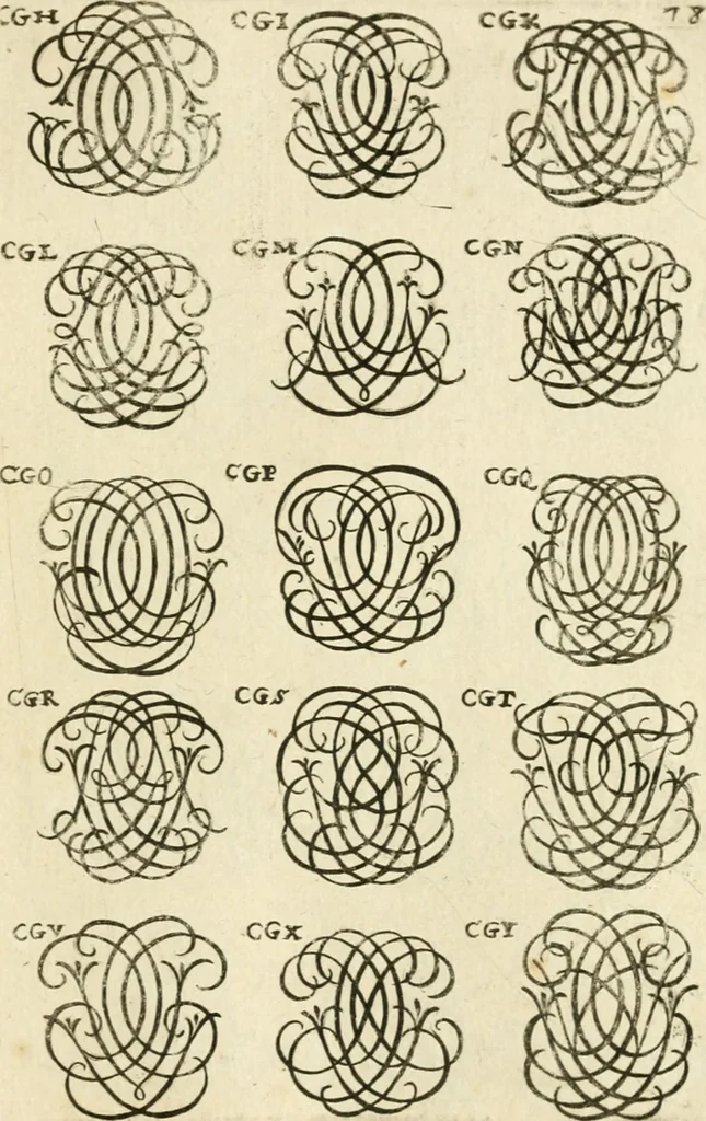 An illustration from Livre nouveau et utile pour toutes sortes d'artistes, et particulierement pour les orfevres, les orlogeurs, les peintres, les graveurs, les brodeurs, &c. : contenant quatre alphabets de chiffres fleuronnez au premier trait avec quantite de devises, d'emblemes et de noeuds d'amour : avec une table exacte pour trouver en général tous les noms et surnoms entrelassez, 1690, leaf 162