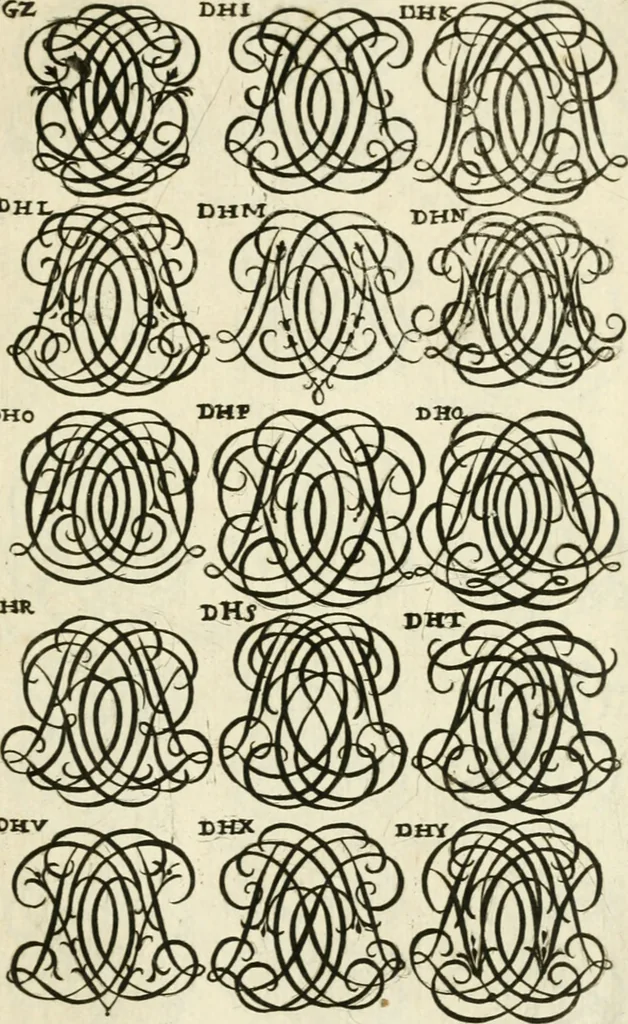 An illustration from Livre nouveau et utile pour toutes sortes d'artistes, et particulierement pour les orfevres, les orlogeurs, les peintres, les graveurs, les brodeurs, &c. : contenant quatre alphabets de chiffres fleuronnez au premier trait avec quantite de devises, d'emblemes et de noeuds d'amour : avec une table exacte pour trouver en général tous les noms et surnoms entrelassez, 1690, leaf 164