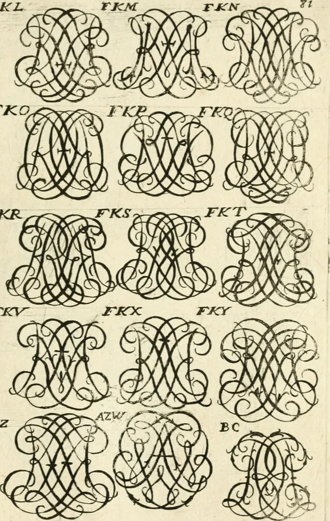 An illustration from Livre nouveau et utile pour toutes sortes d'artistes, et particulierement pour les orfevres, les orlogeurs, les peintres, les graveurs, les brodeurs, &c. : contenant quatre alphabets de chiffres fleuronnez au premier trait avec quantite de devises, d'emblemes et de noeuds d'amour : avec une table exacte pour trouver en général tous les noms et surnoms entrelassez, 1690, leaf 168