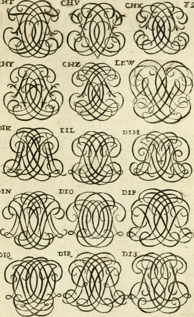An illustration from Livre nouveau et utile pour toutes sortes d'artistes, et particulierement pour les orfevres, les orlogeurs, les peintres, les graveurs, les brodeurs, &c. : contenant quatre alphabets de chiffres fleuronnez au premier trait avec quantite de devises, d'emblemes et de noeuds d'amour : avec une table exacte pour trouver en général tous les noms et surnoms entrelassez, 1690, leaf 170