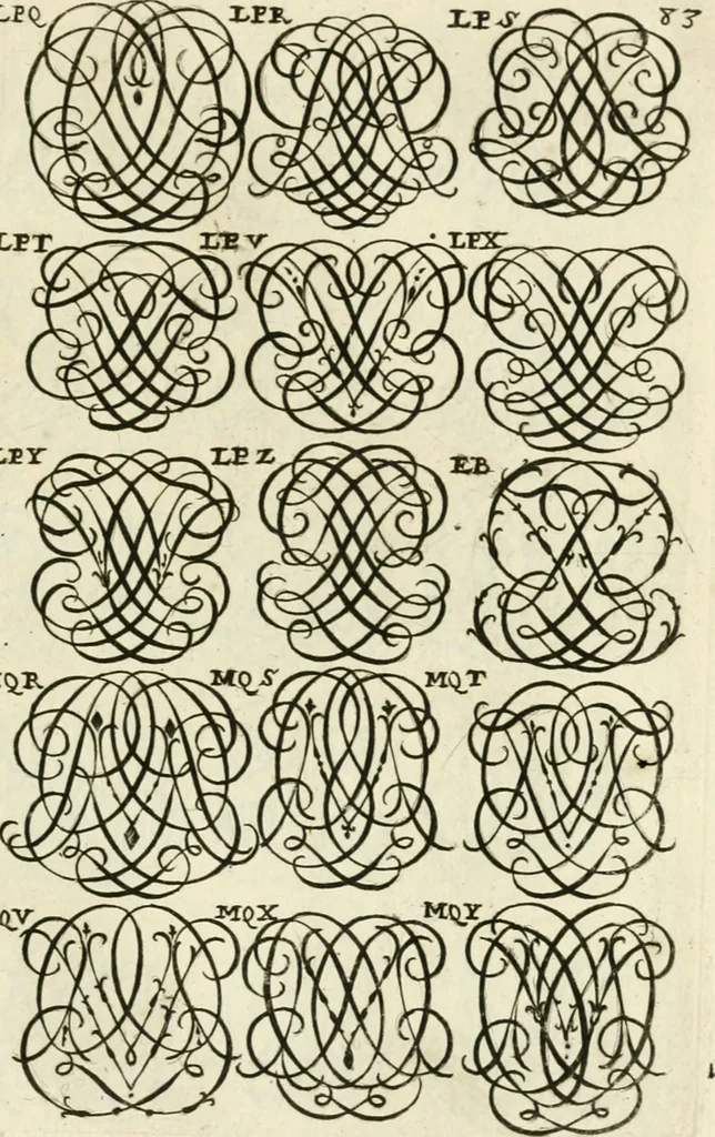An illustration from Livre nouveau et utile pour toutes sortes d'artistes, et particulierement pour les orfevres, les orlogeurs, les peintres, les graveurs, les brodeurs, &c. : contenant quatre alphabets de chiffres fleuronnez au premier trait avec quantite de devises, d'emblemes et de noeuds d'amour : avec une table exacte pour trouver en général tous les noms et surnoms entrelassez, 1690, leaf 172