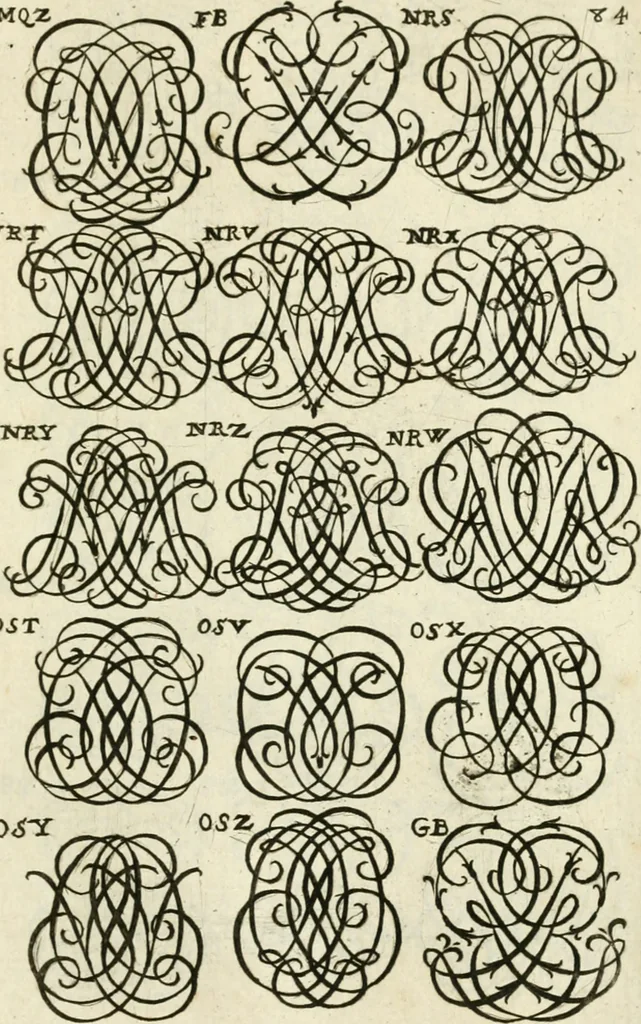An illustration from Livre nouveau et utile pour toutes sortes d'artistes, et particulierement pour les orfevres, les orlogeurs, les peintres, les graveurs, les brodeurs, &c. : contenant quatre alphabets de chiffres fleuronnez au premier trait avec quantite de devises, d'emblemes et de noeuds d'amour : avec une table exacte pour trouver en général tous les noms et surnoms entrelassez, 1690, leaf 174