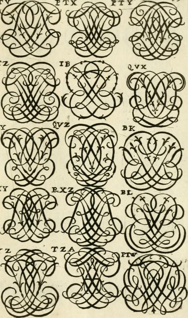 An illustration from Livre nouveau et utile pour toutes sortes d'artistes, et particulierement pour les orfevres, les orlogeurs, les peintres, les graveurs, les brodeurs, &c. : contenant quatre alphabets de chiffres fleuronnez au premier trait avec quantite de devises, d'emblemes et de noeuds d'amour : avec une table exacte pour trouver en général tous les noms et surnoms entrelassez, 1690, leaf 176