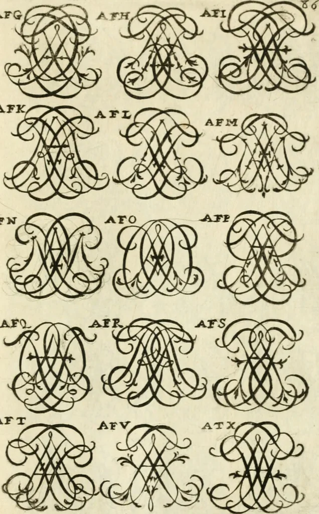 An illustration from Livre nouveau et utile pour toutes sortes d'artistes, et particulierement pour les orfevres, les orlogeurs, les peintres, les graveurs, les brodeurs, &c. : contenant quatre alphabets de chiffres fleuronnez au premier trait avec quantite de devises, d'emblemes et de noeuds d'amour : avec une table exacte pour trouver en général tous les noms et surnoms entrelassez, 1690, leaf 178