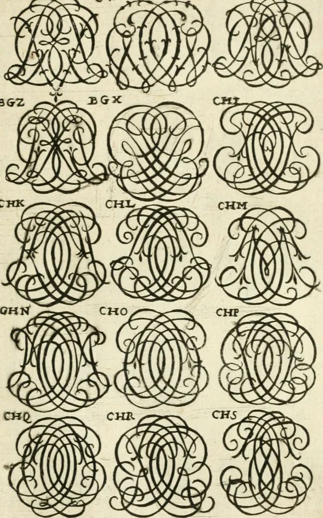 An illustration from Livre nouveau et utile pour toutes sortes d'artistes, et particulierement pour les orfevres, les orlogeurs, les peintres, les graveurs, les brodeurs, &c. : contenant quatre alphabets de chiffres fleuronnez au premier trait avec quantite de devises, d'emblemes et de noeuds d'amour : avec une table exacte pour trouver en général tous les noms et surnoms entrelassez, 1690, leaf 180