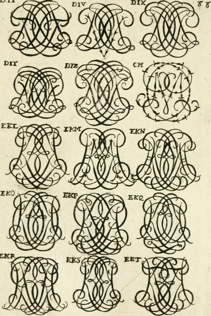 An illustration from Livre nouveau et utile pour toutes sortes d'artistes, et particulierement pour les orfevres, les orlogeurs, les peintres, les graveurs, les brodeurs, &c. : contenant quatre alphabets de chiffres fleuronnez au premier trait avec quantite de devises, d'emblemes et de noeuds d'amour : avec une table exacte pour trouver en général tous les noms et surnoms entrelassez, 1690, leaf 182