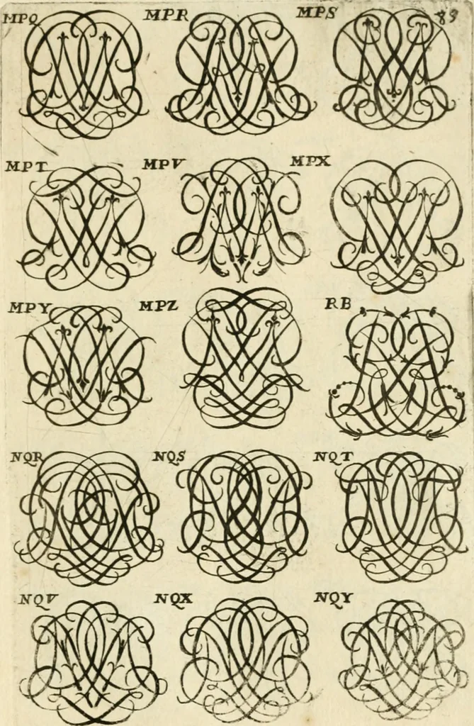 An illustration from Livre nouveau et utile pour toutes sortes d'artistes, et particulierement pour les orfevres, les orlogeurs, les peintres, les graveurs, les brodeurs, &c. : contenant quatre alphabets de chiffres fleuronnez au premier trait avec quantite de devises, d'emblemes et de noeuds d'amour : avec une table exacte pour trouver en général tous les noms et surnoms entrelassez, 1690, leaf 184