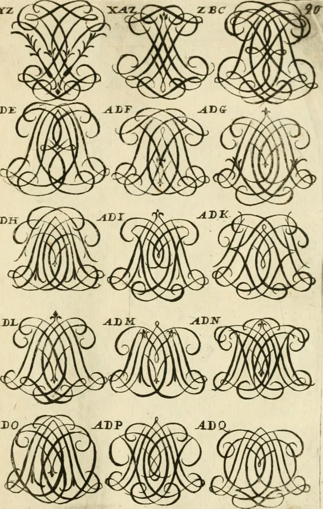 An illustration from Livre nouveau et utile pour toutes sortes d'artistes, et particulierement pour les orfevres, les orlogeurs, les peintres, les graveurs, les brodeurs, &c. : contenant quatre alphabets de chiffres fleuronnez au premier trait avec quantite de devises, d'emblemes et de noeuds d'amour : avec une table exacte pour trouver en général tous les noms et surnoms entrelassez, 1690, leaf 186